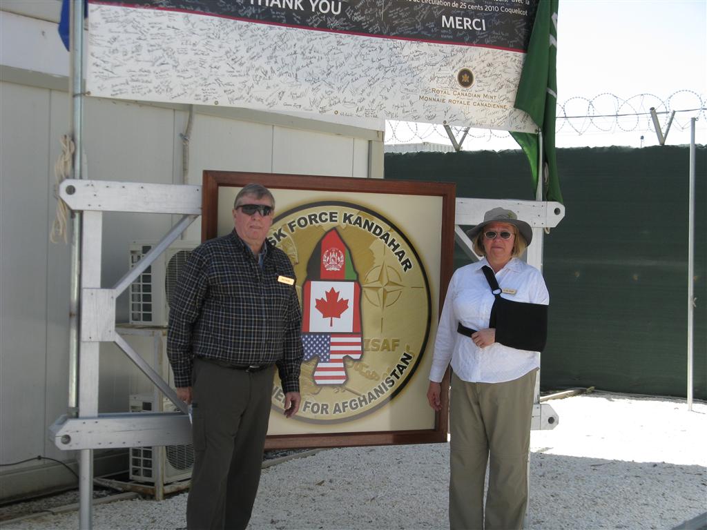 Jane and Rick in front of the Canadian Task Force Headquarters in Kandahar.